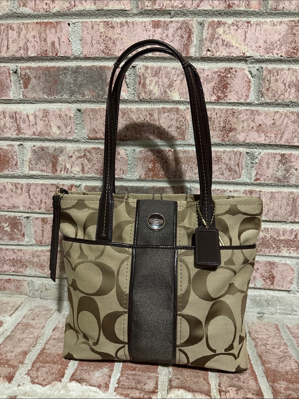 Coach Khaki and Brown Signature Canvas F25771 Tote handbag